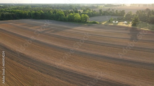 Beautiful Southern landscape in Alabama in morning sunlight with green farm fields and country dirt roads