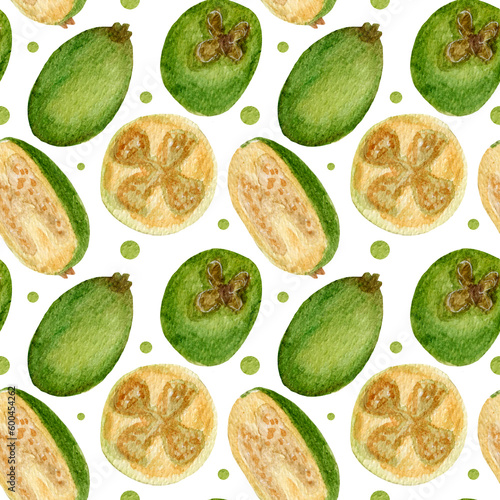 Watercolor pattern, bright feijoa, fruit slices, dots on white background. Pattern for various food products etc.