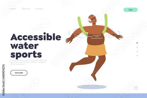 Accessible water sports concept for landing page with happy old man swimming using supporters