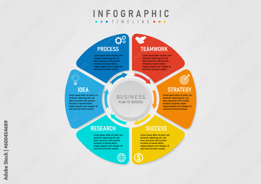 6 step business plan infographic template for success multicolored segmented circle with arrows white icon on colored background In the middle there is a gray button on a gray gradient background. 6 step business plan infographic template for success multicolored segmented circle with arrows white icon on colored background In the middle there is a gray button on a gray gradient background.