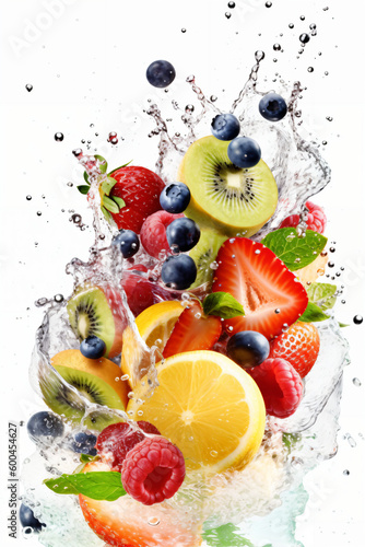 Fruits and water splashes on white backgrond. Generative AI