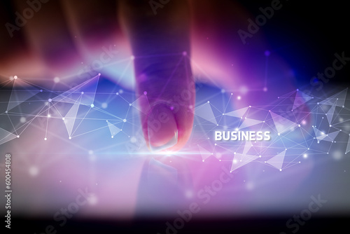 Finger touching tablet with business connection concept