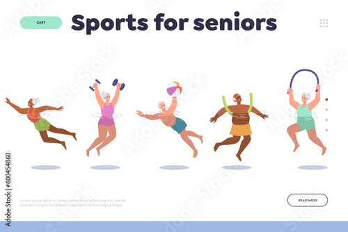 Sports for senior landing page and happy elderly people spending active time exercising feeling good