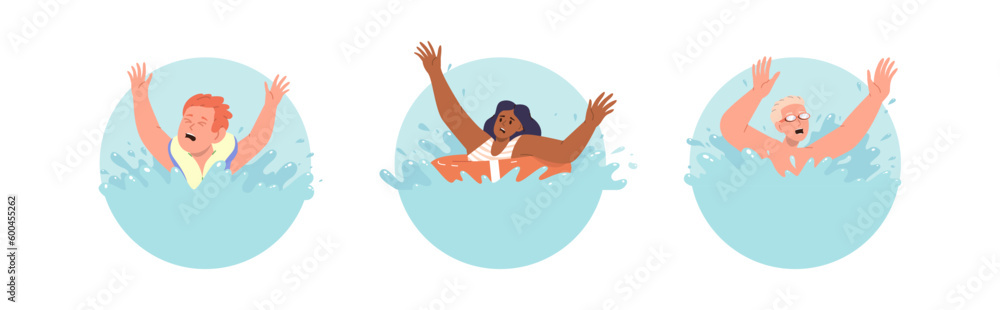 Different people characters drowning isolated set of round frames isolated on white background Different people characters drowning isolated set of round frames isolated on white background