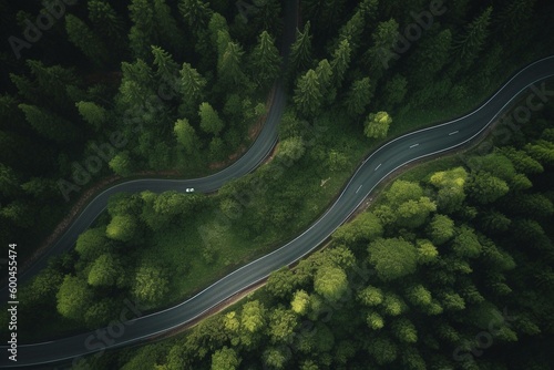 An overhead view of a winding road in a forest, surrounded by lush green trees. Generative AI