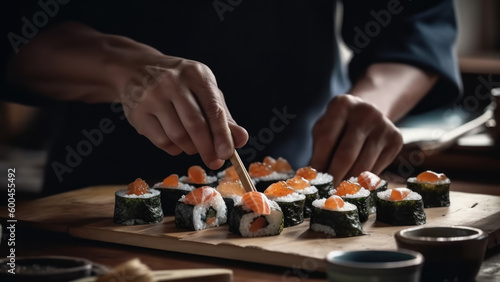 Chef at a sushi restaurant preparing salmon sushi - Generative AI