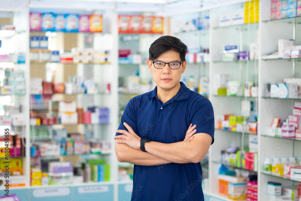 Pharmacy Drugstore. Portrait handsome man buy medicine at pharma store. Health and wellness center Pharmacy Drugstore. Portrait handsome man buy medicine at pharma store. Health and wellness center