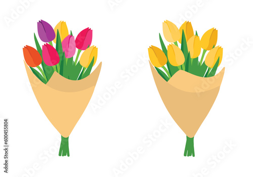 Set of tulip flowers bouquets isolated on white background. Spring flowers with long green leaves. Vector