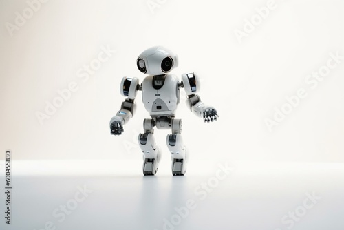 Small robot jumping on plain white surface. Generative AI