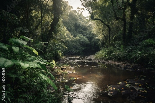 Tropical rainforest in full bloom with flowing rivers and abundant greenery. Generative AI