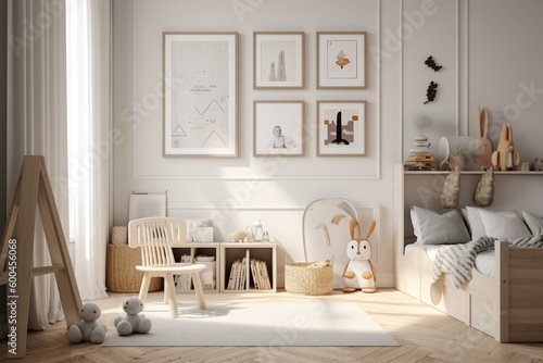 Scandinavian-style white wall with vertical picture frame for personalization  cozy child s room with free copy space. 3D rendering. Generative AI
