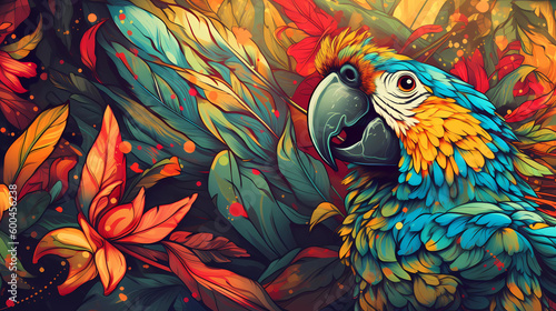 A beautiful parrot illustration in the flowers  © 俊后生