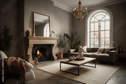 Stylish contemporary Spanish living room with winter fireplace. Generative AI