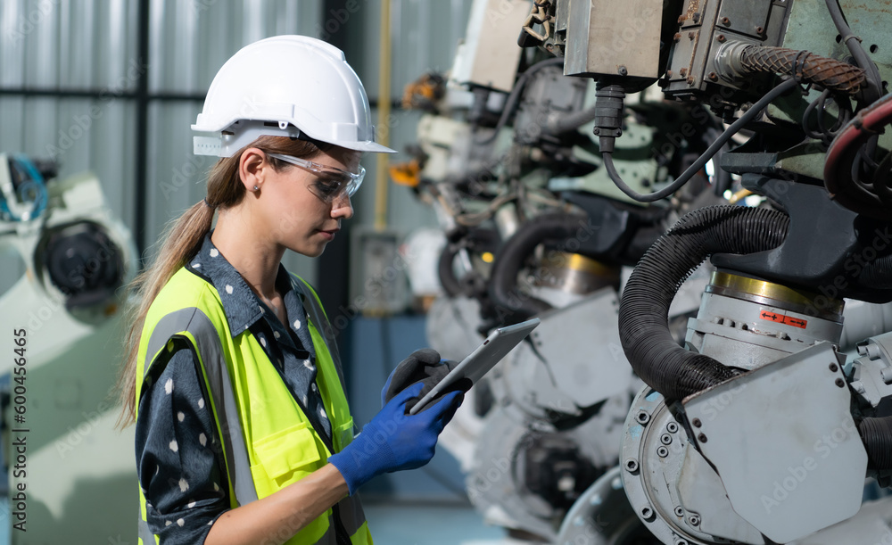 A female engineer installs a program on a robotics arm in a robot warehouse. And test the operation before sending the machine to the customer. A female engineer installs a program on a robotics arm in a robot warehouse. And test the operation before sending the machine to the customer.
