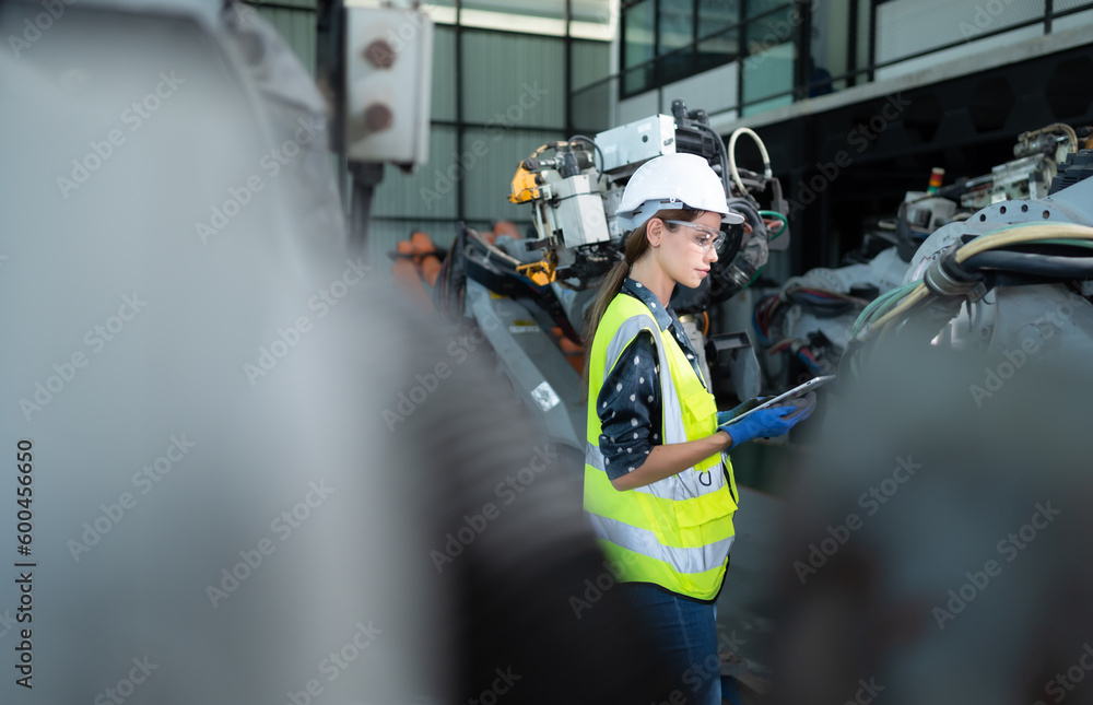 Fototapeta premium A female engineer installs a program on a robotics arm in a robot warehouse. And test the operation before sending the machine to the customer.