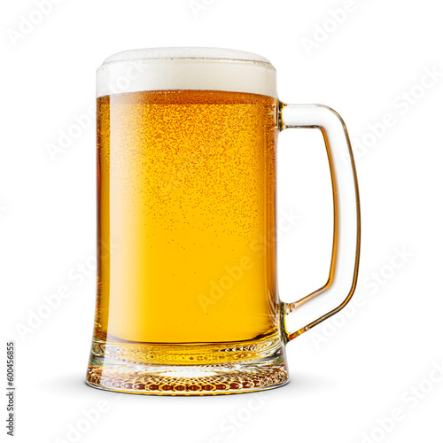 Mug of fresh yellow beer with cap of foam isolated. Transparent PNG image.