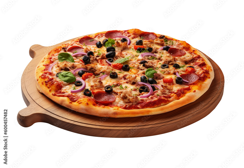 Pizza on wooden board in transparent background. Generative AI.