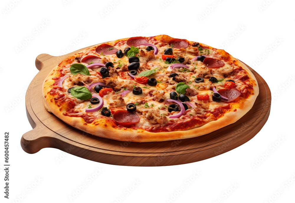 Pizza on wooden board in transparent background. Generative AI. Pizza on wooden board in transparent background. Generative AI.