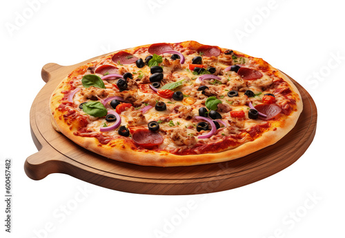 Pizza on wooden board in transparent background. Generative AI.