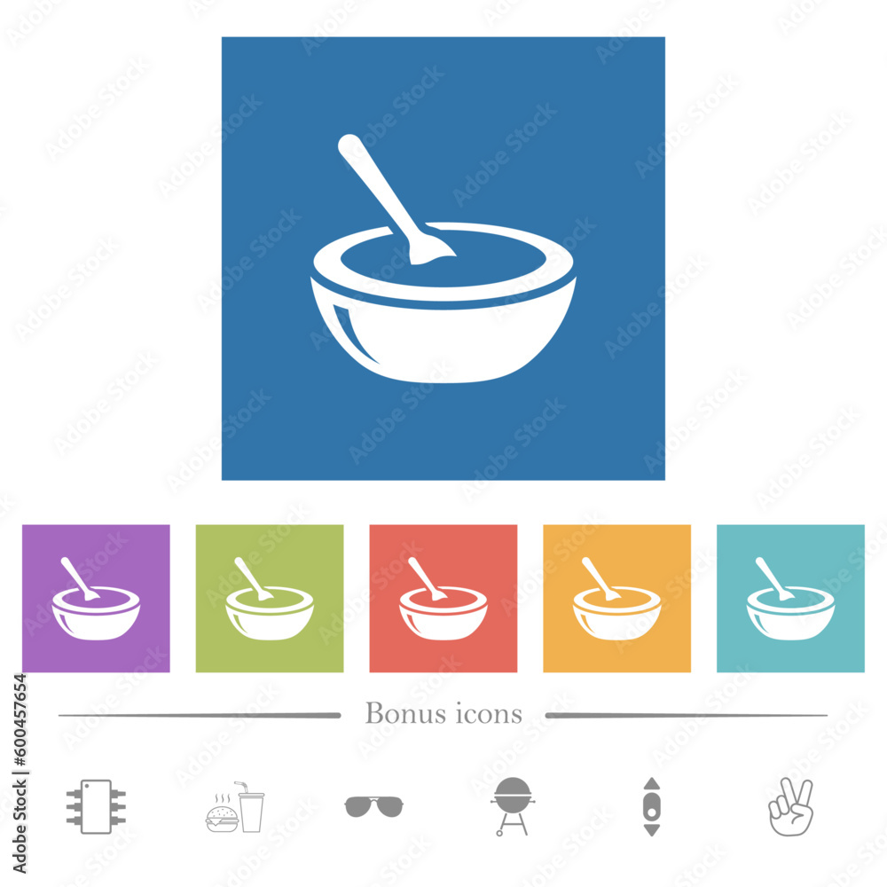 Glossy bowl of soup with spoon flat white icons in square backgrounds Glossy bowl of soup with spoon flat white icons in square backgrounds