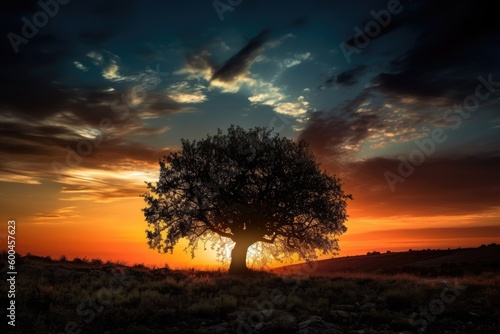 Silhouette of a lone tree against a vibrant sunset sky