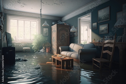 Flooded flat interior. Generative AI.