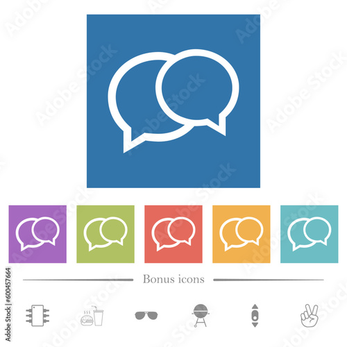 Two oval chat bubbles outline flat white icons in square backgrounds