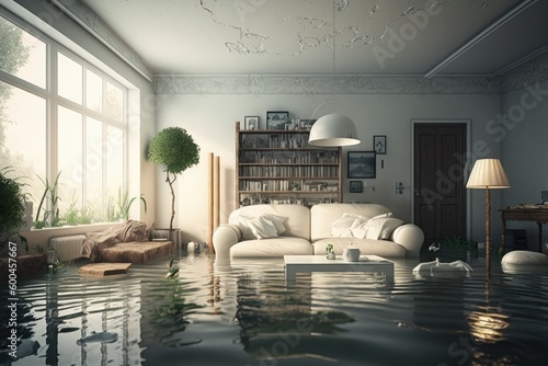 Flooded flat interior. Generative AI.