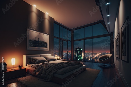 Luxury penthouse bedroom at night. Generative AI.