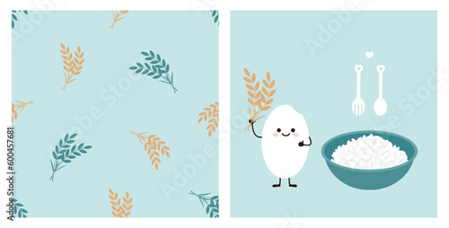 Seamless pattern with rice plant on green background. Rice cartoon, rice bowl, spoon and fork icons set vector illustration.