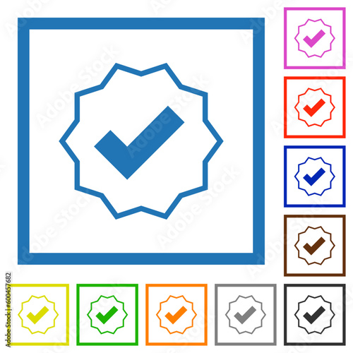 Verified sticker outline flat framed icons