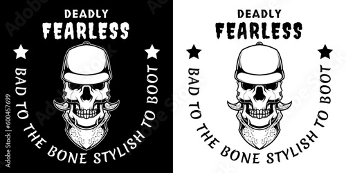 Black and White Vintage Skull Head Illustration in Snapback and Bandana