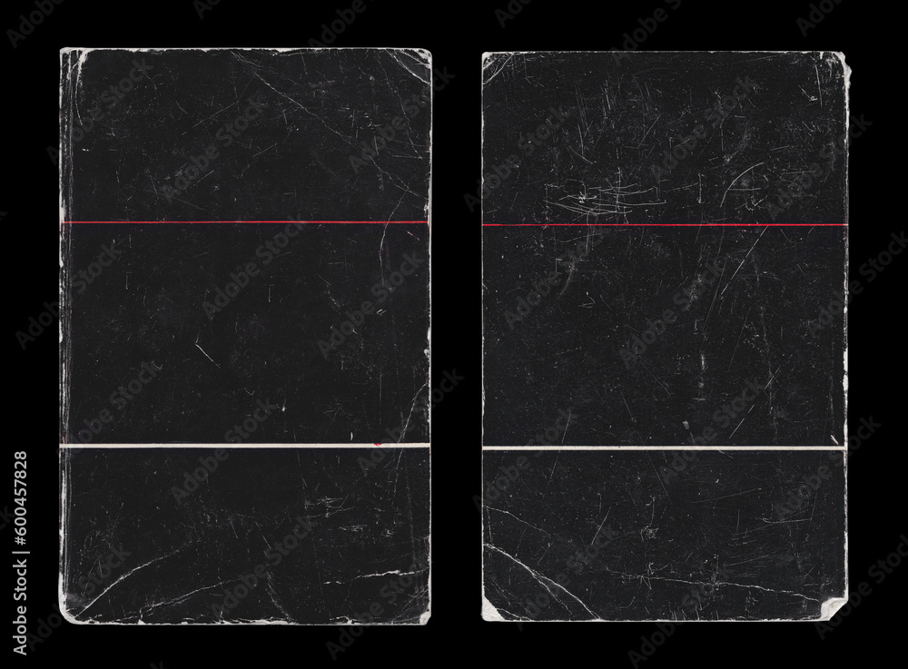 Old Black Paper Book Cover Template Mock Up. Empty Damaged Grunge Aged Scratched Shabby Paper Cardboard Overlay Texture. - obrazy, fototapety, plakaty 
