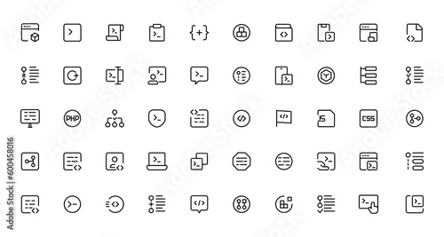 Developer icon set. Included the icons as code, programmer coding, mobile app, api, node connect, flow, logic, web coder, bug fix