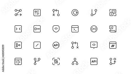 Developer icon set. Included the icons as code, programmer coding, mobile app, api, node connect, flow, logic, web coder, bug fix