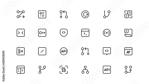 Developer icon set. Included the icons as code, programmer coding, mobile app, api, node connect, flow, logic, web coder, bug fix