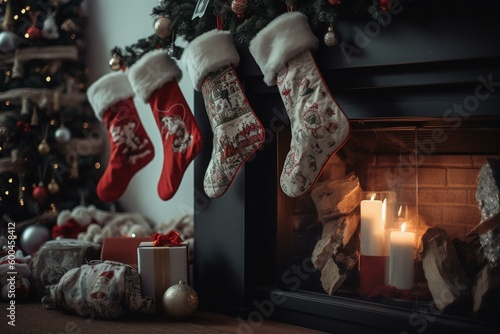 Festive stockings with friendly helpers. Generative AI
