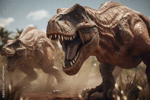 3D model of tyrannosaurus rex evading triceratops  assault. Generative AI