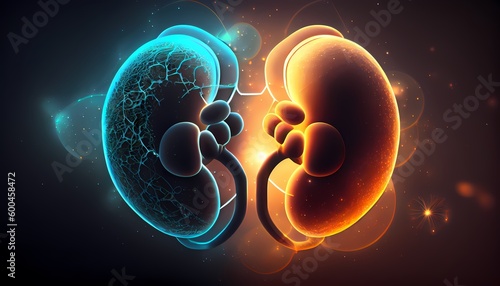 Human kidney depicted as a glowing and pulsating orb of energy, set against a celestial and cosmic background. Medical anatomy concept. Generative Ai. photo