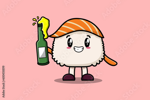 Cute cartoon character Sushi with soda bottle in modern cute style design flat illustration