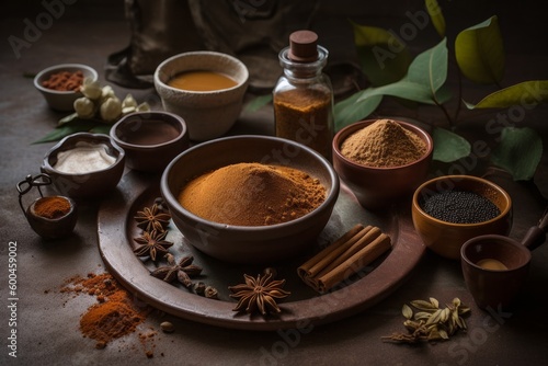 Ingredients used to make ayurvedic henna cream, such as henna powder, essential oils, and herbs, natural and organic ingredients. Generative AI