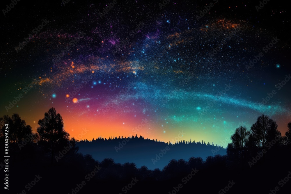Night galaxy sky over the lake. Generative AI.