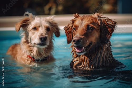 Two Dogs   enjoying a moment by the pool  with a sense of playfulness and joy. The image convey a sense of companionship and happiness. Generative AI