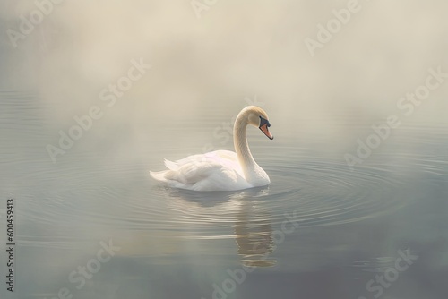 White swan swimming in foggy water. Generative AI.