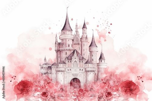 Watercolor style fairy kei gothic castle with muted red roses. Generative AI.