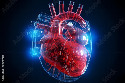 Cardiac technology, innovations in medicine and transplantology. Cardio training and modern technologies. Human heart anatomy 3d illustration. Generative Ai. photo