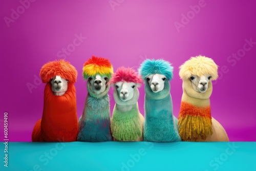 An anthropomorphic colorful alpaca rap group posing for a group photo. Generative AI. © hugo