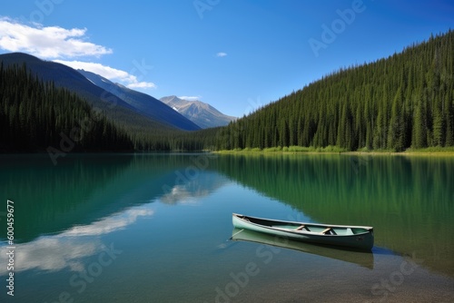 The photo features a serene lake surrounded by towering mountains with a boat. Generative AI.