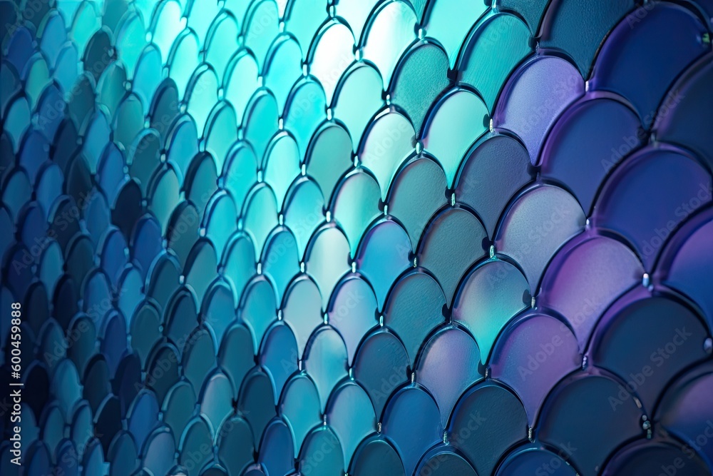 Smooth and iridescent wall with fish scale tiles and futuristic. Cyan and Magenta fish scale tiles. Generative AI. Smooth and iridescent wall with fish scale tiles and futuristic. Cyan and Magenta fish scale tiles. Generative AI.