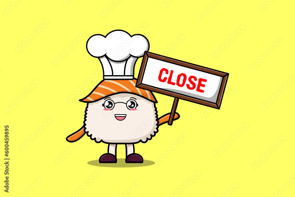 Fototapeta premium Cute cartoon Sushi chef character holding close sign board designs in flat cartoon style